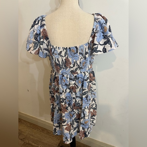 Old Navy SZ L Linen Floral Print Mini Dress Blue and Brown Puff Sleeve - Picture 3 of 6